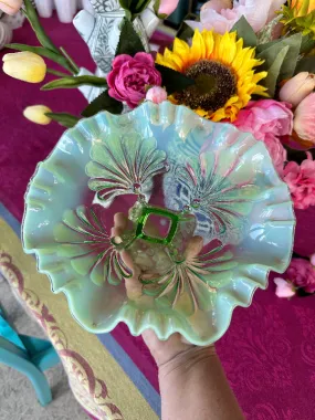 Vintage Pedestal Bowl, Jefferson/Dugan Glass, Shell Palm, Green ,Opalescent