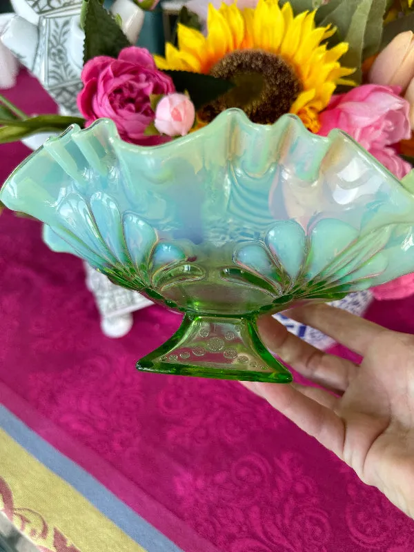 Vintage Pedestal Bowl, Jefferson/Dugan Glass, Shell Palm, Green ,Opalescent