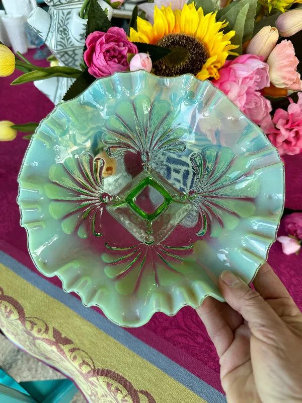 Vintage Pedestal Bowl, Jefferson/Dugan Glass, Shell Palm, Green ,Opalescent