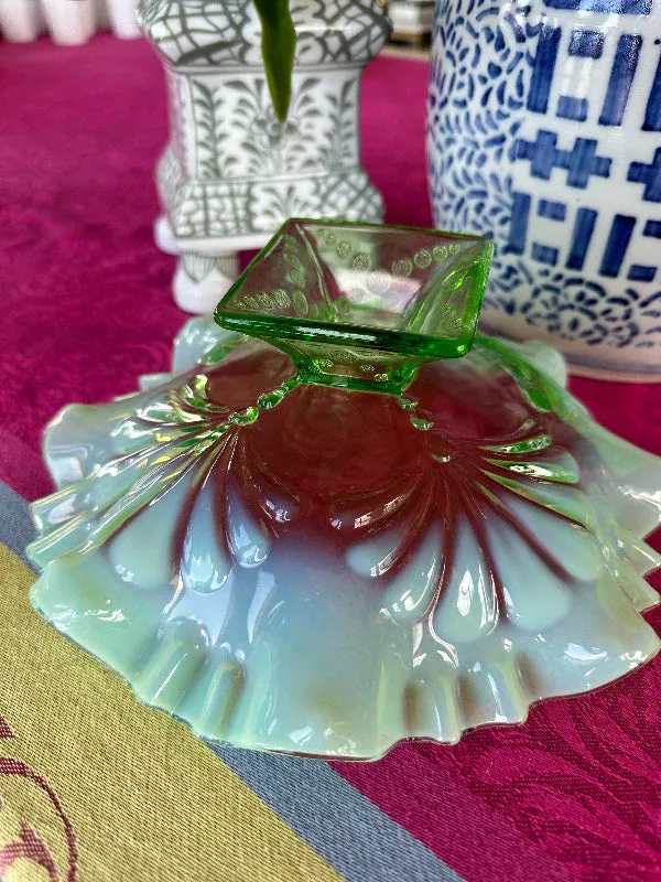 Vintage Pedestal Bowl, Jefferson/Dugan Glass, Shell Palm, Green ,Opalescent