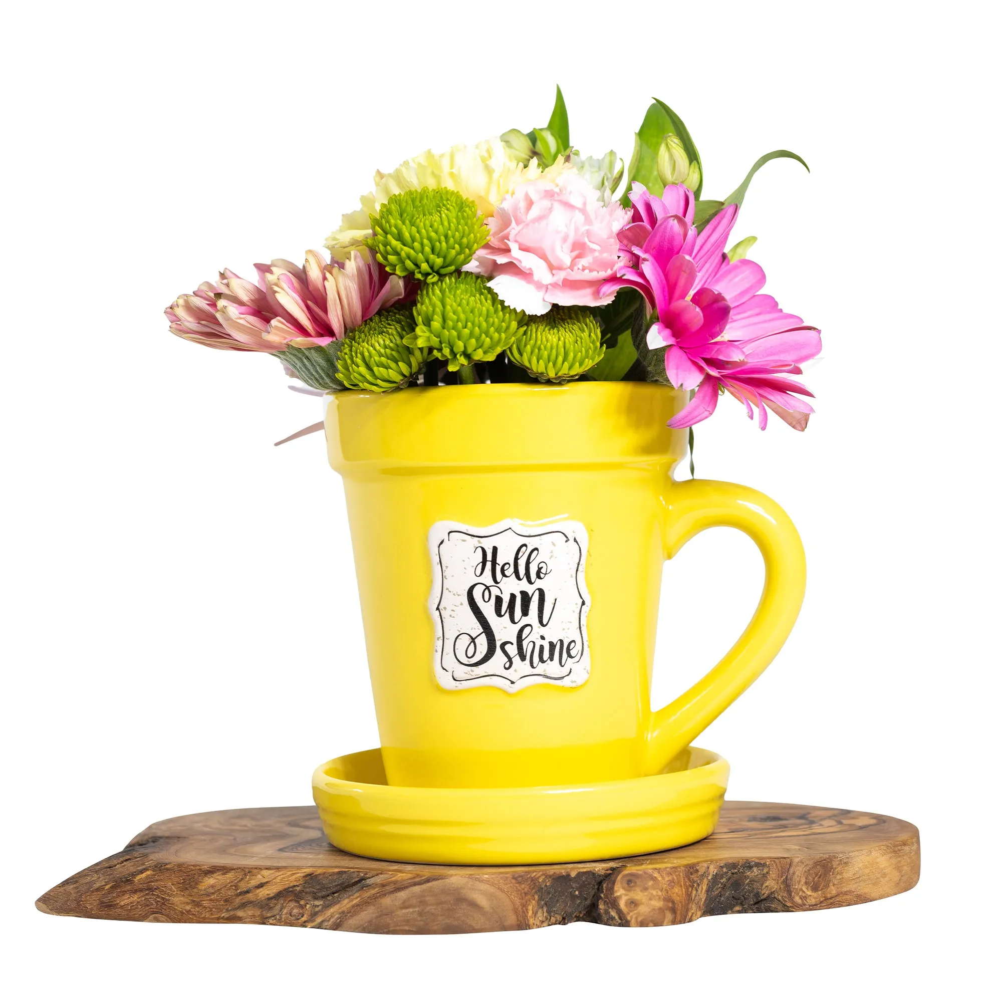 Yellow Flower Pot Mug w/Scripture - “Hello Sunshine”